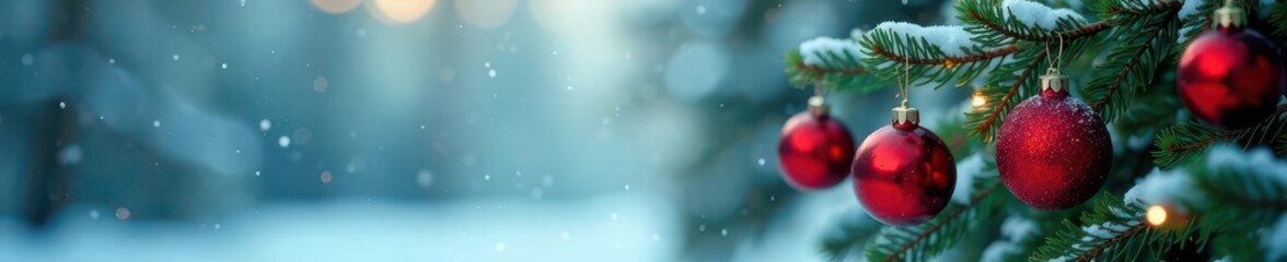 Blue winter scene with bokeh of a fir branch holding red and green ornaments, winter, Red