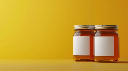 Honey Jar Mockup: Three honey jars with empty labels on a warm yellow background. Excellent for presenting your honey brand