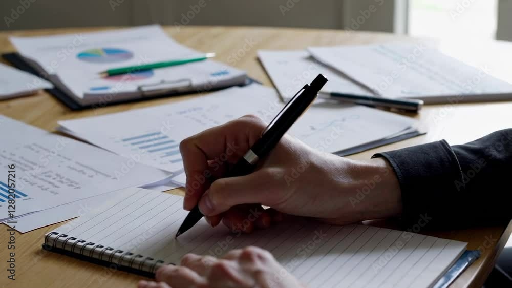 Poster professional businesswoman analyzing financial data, writing strategic notes on notepad while surrou