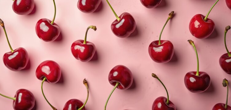Flat lay, top view of fresh red cherries with stems on pink background. Ripe juicy cherry berries pattern. Sweet summer fruits, healthy vegetarian diet food concept. Alimentary aliment for raw vegan.