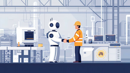 Robotic and Human Collaboration: Robot and engineer shaking hands in a modern industrial setting. Cyber communication graphics and Industry 4.0 concepts depicted in the backgroundjpg