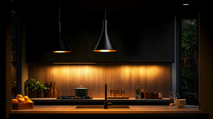 Modern kitchen interior at night with pendant lights and wooden countertops.  Possible use Stock photo for home design/decor catalog