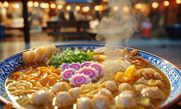 A steaming bowl of traditional Japanese oden with fish cakes and radish. Great for winter food, Japanese cuisine, and home cooking.