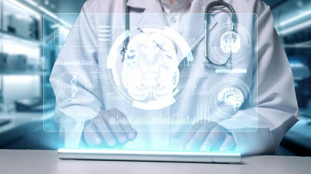 Close up of skilled doctor typing keyboard and clicking at human brain anatomy hologram floating at hospital. Medical worker checking and examining brain anatomy. Technology innovation. Remedial.