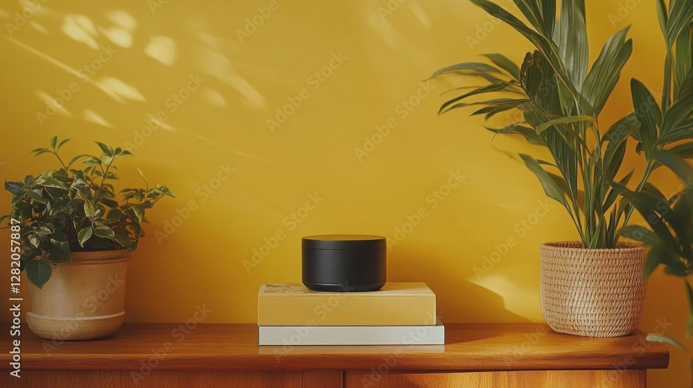 Aufkleber a harmonious arrangement features a stack of books set on a wooden shelf, bathed in gentle light fro