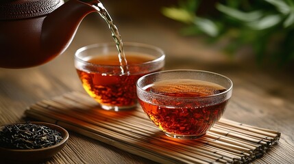 a glass cup of rooibos tea, deep red in color, with a teapot pouring into it, set on a bamboo mat