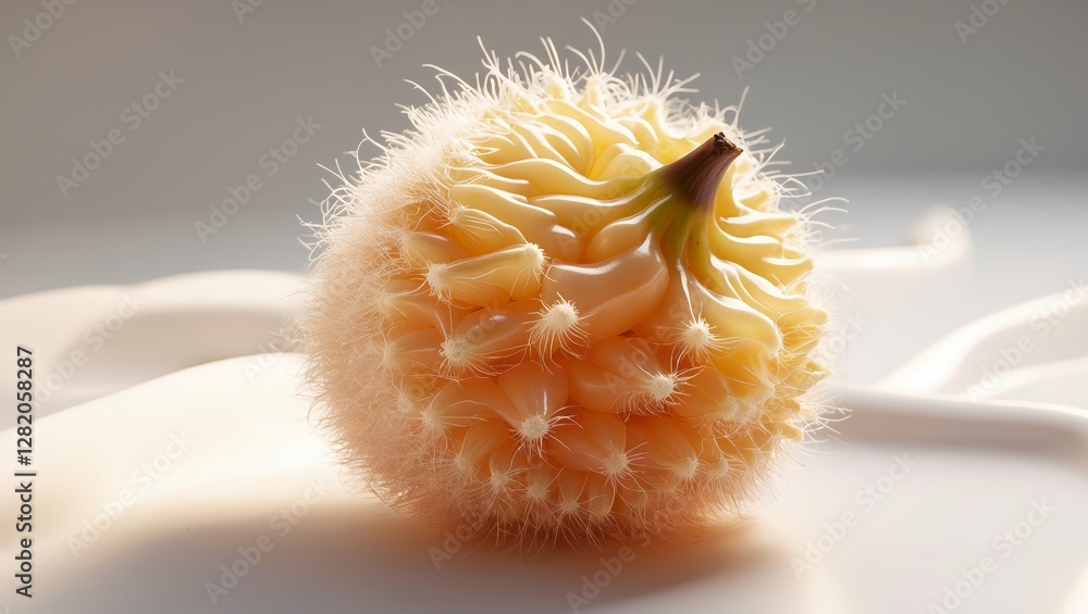 Poster unique spherical fruit with soft spines on a smooth surface in soft lighting