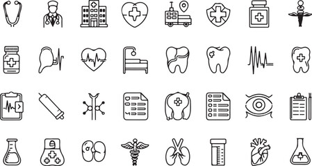 Naklejka premium Medical icons, healthcare symbols, line art illustrations, black and white drawings, stethoscope, hospital building, heart, doctor, pills, tooth, ECG, syringe, microscope, ambulance, medical cross,
