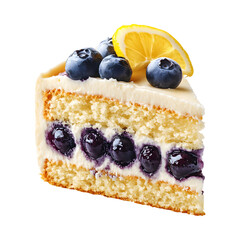 Blueberry Lemon Cake Slice with Blueberries and Lemon Isolated on Transparent Background
