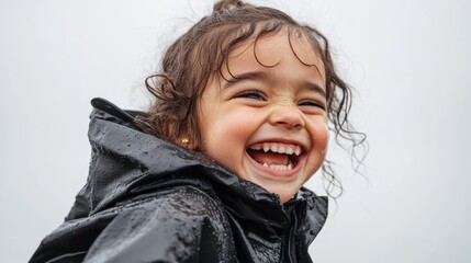 A young child is seen laughing joyfully, captured from behind under a black umbrella, creating a dynamic sense of motion in the foreground.