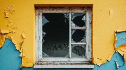 Abandoned building with broken windows and colorful peeling paint