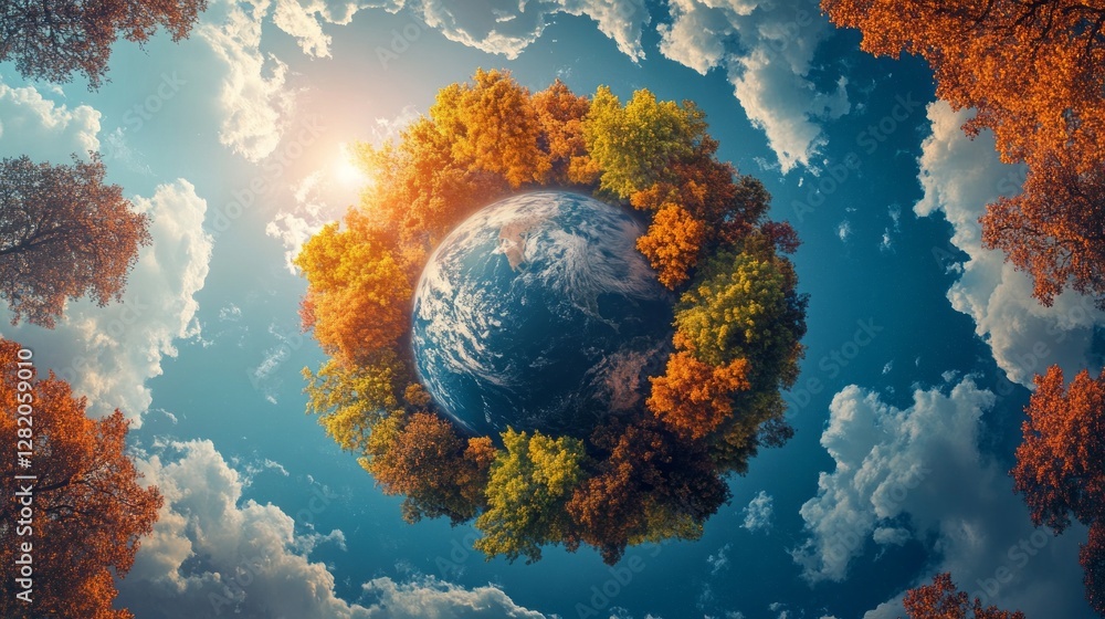 Poster surrounded by flourishing trees in dazzling autumn hues, a small planet glimmers under a radiant sun