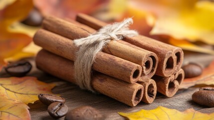 Bundled cinnamon sticks and coffee beans surrounded by autumn leaves create a warm seasonal arrangement