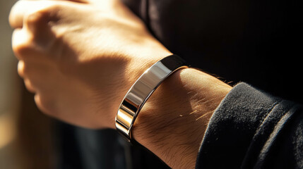 Obraz premium Polished Silver Cuff Bracelet on a Man's Wrist, Elegant and Modern Jewelry for Sophisticated Style Enthusiasts. Modern Silver Jewelry polished, silver, cuff, bracelet, man, wrist, elegant, modern, jew