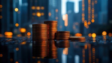 Stacked coins reflecting in a puddle at dusk with a blurred city skyline in the background