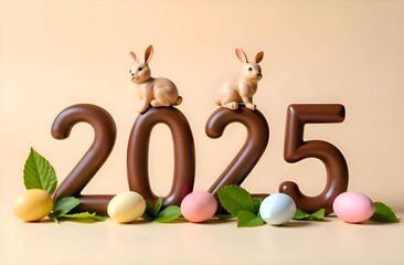 Chocolate easter bunnies and numbers 2025 with pastel color eggs, happy easter and spring concept 