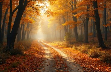 Obraz premium Dirt road in autumn forest with fallen golden leaves, sunlight through tree branches. Tranquil footpath in bright sunlit forest. Beautiful fall nature scenery with warm colors. Perfect background.
