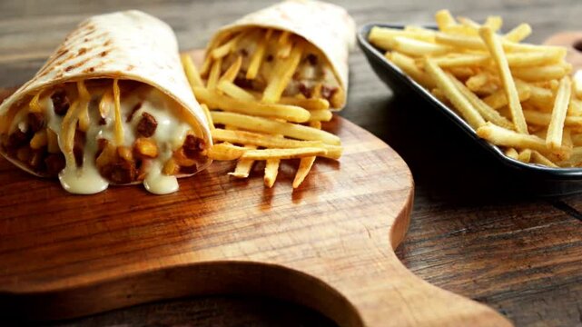 Delicious Two Half French Tacos Sandwich With Beef And French Fries, French Tacos Food Restaurant Video