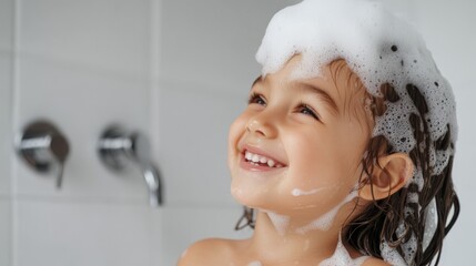 Child smiling after shower with a smile bubble above head