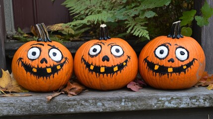 Smiling pumpkins decorated in a whimsical style on a wooden bench among autumn leaves
