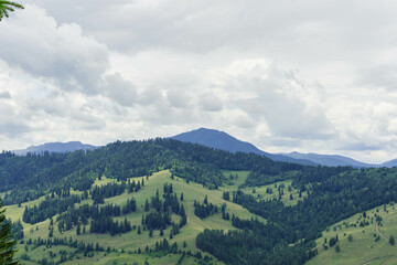 Obraz premium mountain landscape with clouds in summer with green hills and pinetrees in eastern romania