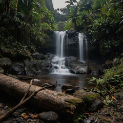 Obraz premium Tropical Waterfall in a Lush Green Forest – Scenic Nature Landscape with Flowing Water and Rocks. Peaceful Waterfall in a Rainforest – Natural Beauty with Flowing Stream and Dense Vegetation. 