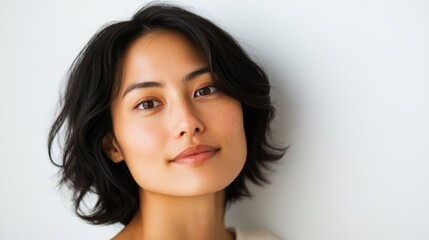 Fototapeta premium Woman poses for portrait against plain background.
