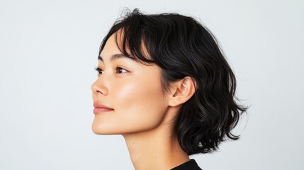 Side view portrait of a beautiful woman posing against a light background.
