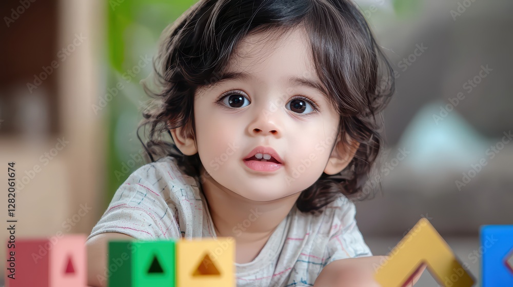Poster engaging young child with colorful shapes and learning blocks