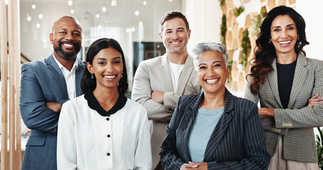 Real estate, business people and arms crossed in office portrait, team and property consultants....