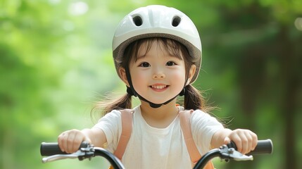 Obraz premium Child with Helmet Enjoying a Bicycle Ride in a Green Park