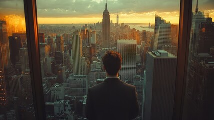 Businessman Gazing Out at the Cityscape from a Skyscraper Window