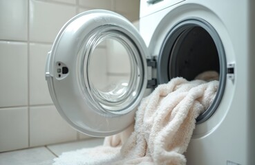 Open door of modern washing machine loaded with white plush towel inside, ready to cleaning. Electrical appliance in bathroom with tiled wall. Domestic equipment closeup, nobody. Front view on
