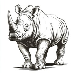 Fototapeta premium Majestic Rhino Drawing: An elaborate pencil sketch of a rhinoceros, capturing its powerful aura and detailed characteristics, as it stands majestically on a grassy patch