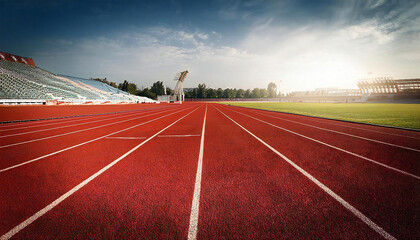 Athletics stadium with a red track. Starting line. Red runway. World Championships in Athletics. Olympics.