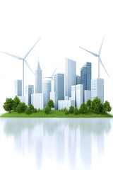 Fototapeta premium Modern sustainable cityscape with skyscrapers,wind turbines, green grass,trees symbolizing renewable energy,urban development,eco-friendly future design for environmental awareness,innovation concepts