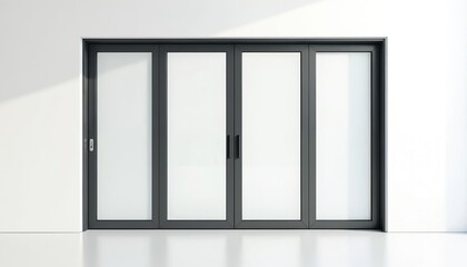 Sleek bi-fold door with glass panels. Minimalist design. Gray frame, pristine white background, shiny floor. Modern home interior. Four-section folding doors in house, apartment, building.