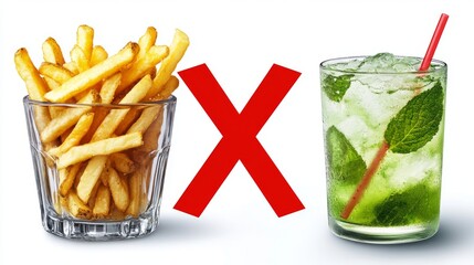 Highlighting healthy choices, the table shows a crossed-out order of fries alongside a glass of water