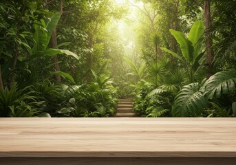 A wooden table in the middle of a lush jungle, with dense foliage and soft, diffused lighting.

