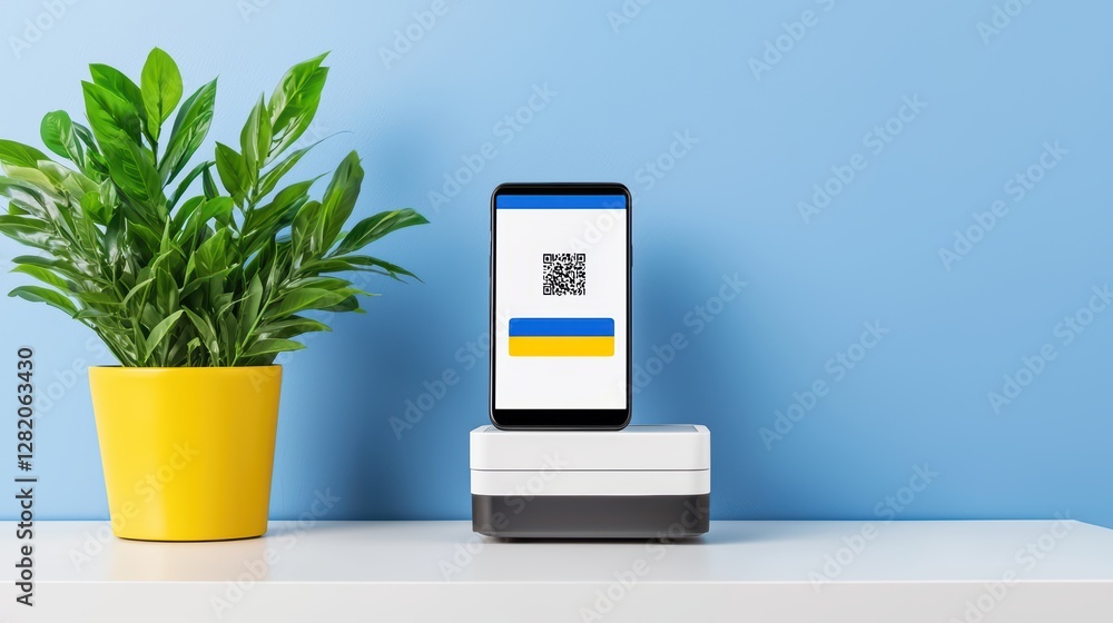 Poster digital wallet app on smartphone displaying transactions in modern setting