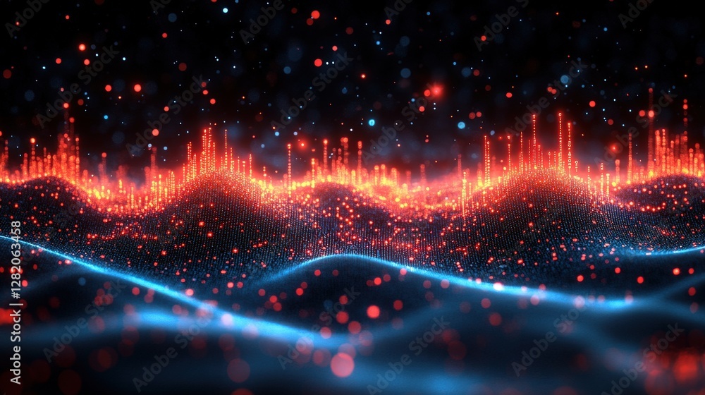 Poster abstract visualization of sound waves with vibrant red and blue particles against a dark background