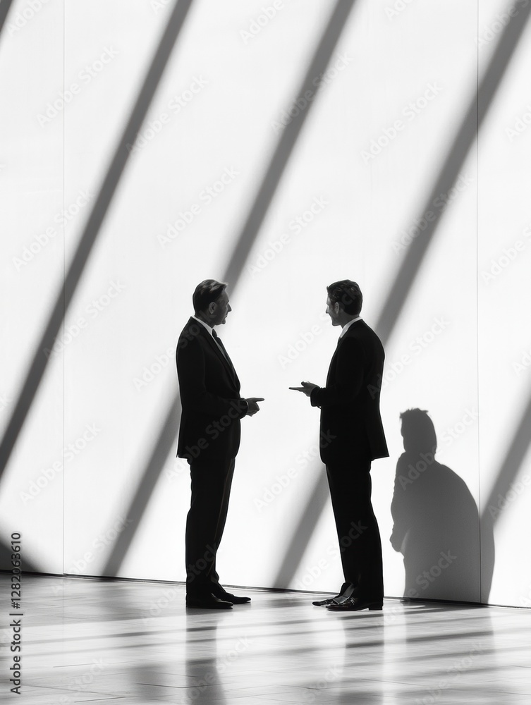 Poster two executives engage in discussion in a modern office setting with striking light and shadow patter