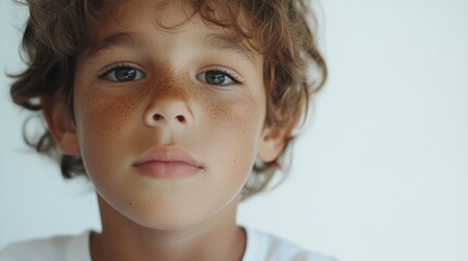 A young boy with a contemplative expression looks directly into the camera.
