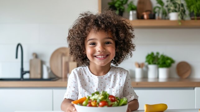 "Young child smiling at camera, standing in front of a kitchen counter, with vegetables and cookbook visible."