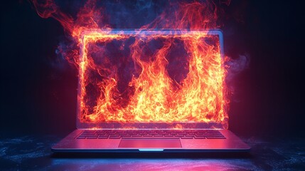 Laptop in Flames Illustration – IT Crisis, Firefighting Tech Disaster, Internet Meltdown, and Technology Emergency Concept