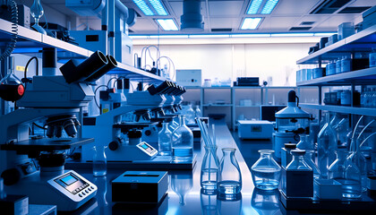 3D Rendered Illustration of a Modern Scientific Laboratory with Microscopes and Glassware