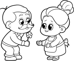 Pareja de abuelitos enamorados, abuelito regala una flor a su esposa, ilustracion estilo cartoon, dibujo para colorear.