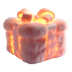 Fluffy 3D Cartoon Gift Box with Glowing Ribbons Isolated on Transparent Background
