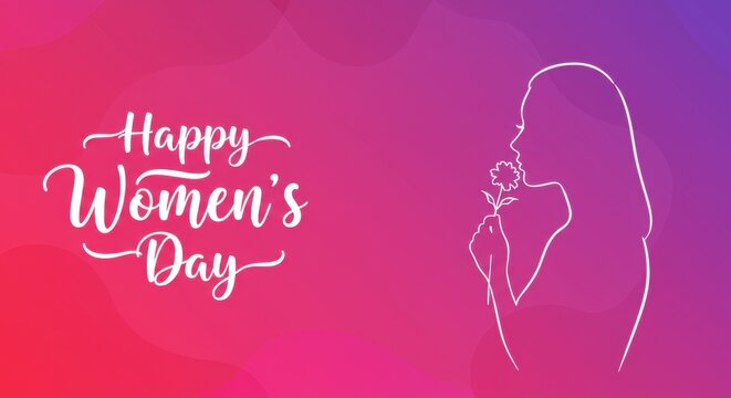 Design for Women's Day a white color silhouette of a woman holding a flower and there is elegant white cursive text that reads Happy Women's Day background is a gradient of pink and purple shades