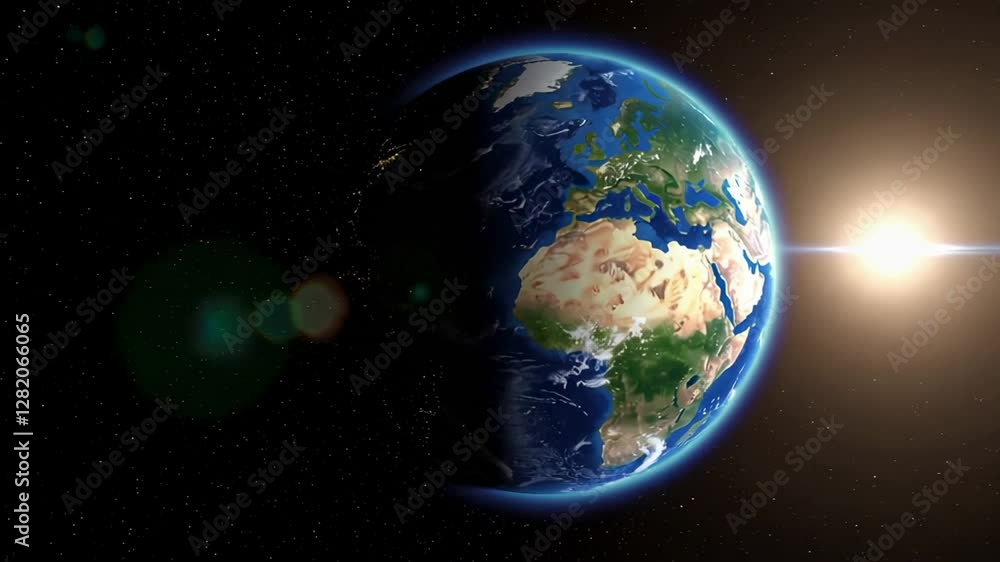 Poster panoramic view capturing planet earth gradually rotating in cosmic darkness, revealing africa and eu